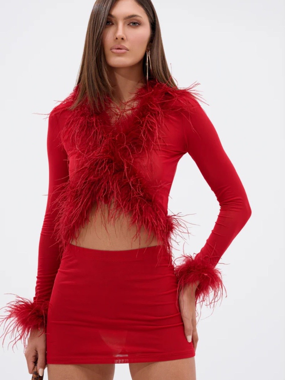 Akira Red Feather-Trim Long Sleeve Crop Top - Women's
